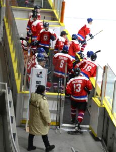 アイスホッケーの試合でリンクに出ていく北海道チーム