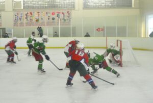 アイスホッケー少年決勝で北海道のゴールを攻める青森県（赤）＝５日、ヘルスピア倉敷