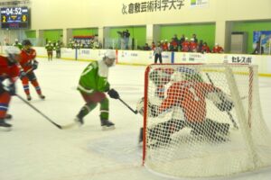 アイスホッケー少年決勝でゴールを決める北海道（緑）＝５日、ヘルスピア倉敷