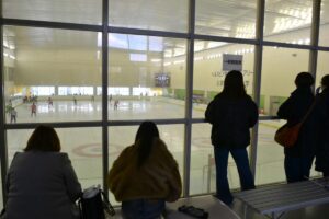 アイスホッケー少年決勝で応援する関係者＝５日、ヘルスピア倉敷