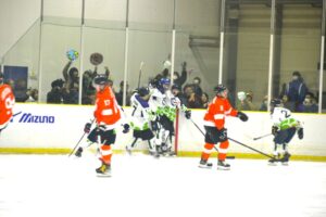 アイスホッケー成年１回戦でゴールを決め喜ぶ岡山県チームと応援者＝１日、岡山国際スケートリンク