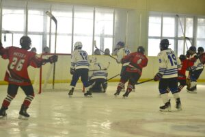 アイスホッケー少年準々決勝でゴールを決め喜ぶ福岡県（赤）＝３日、ヘルスピア倉敷